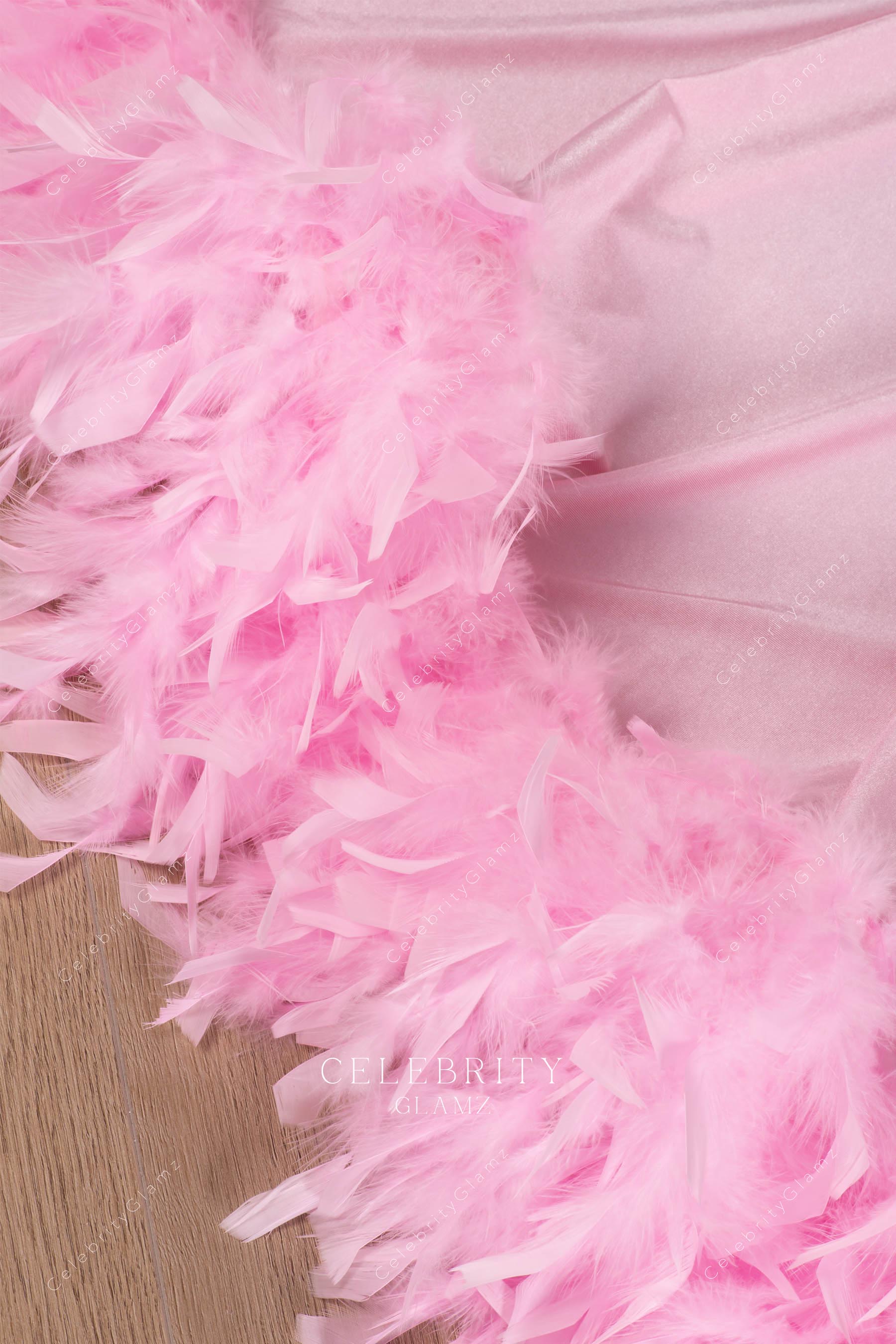 pink feathers prom dress