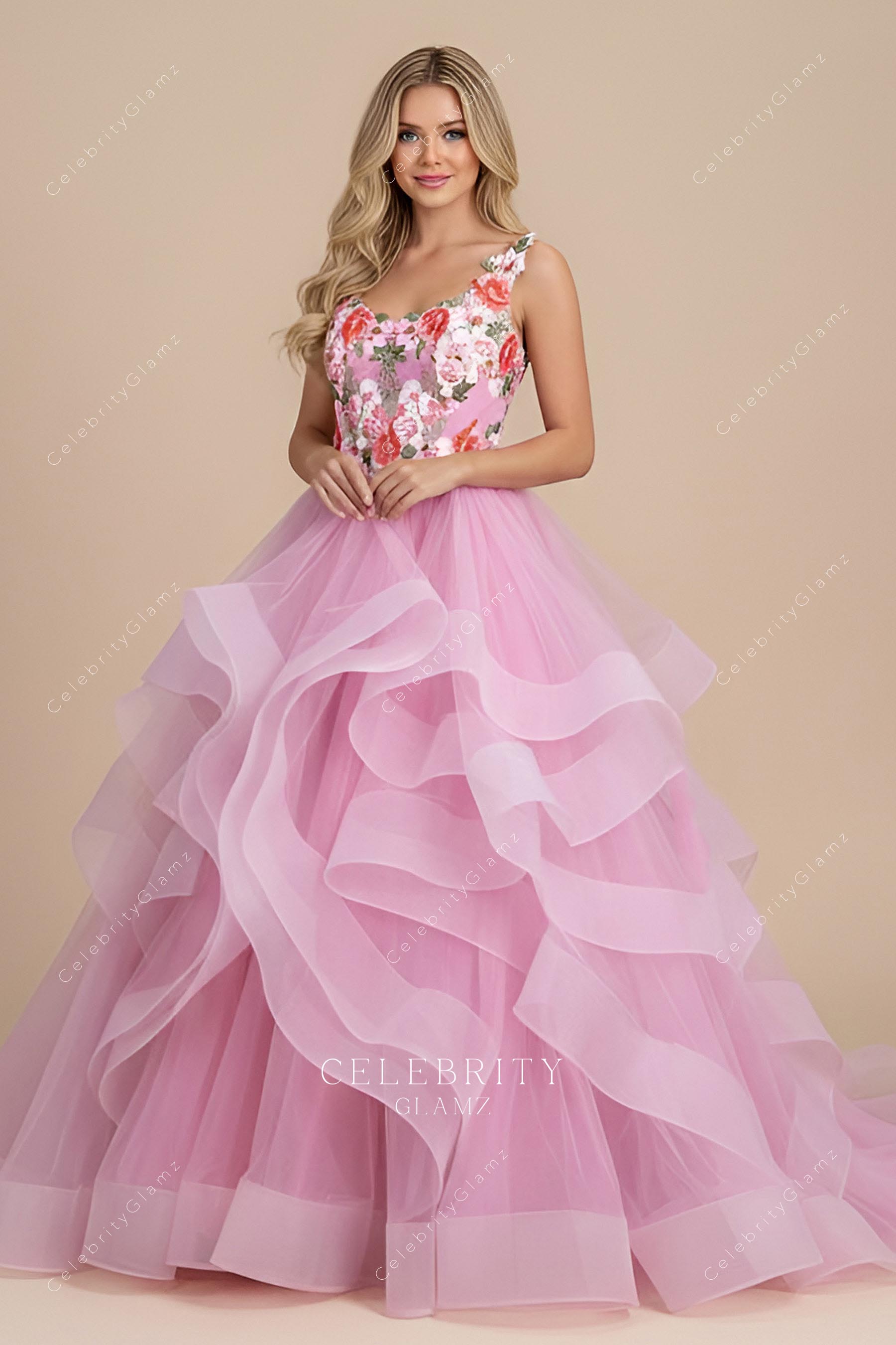 pink flower lace ruffled prom dress
