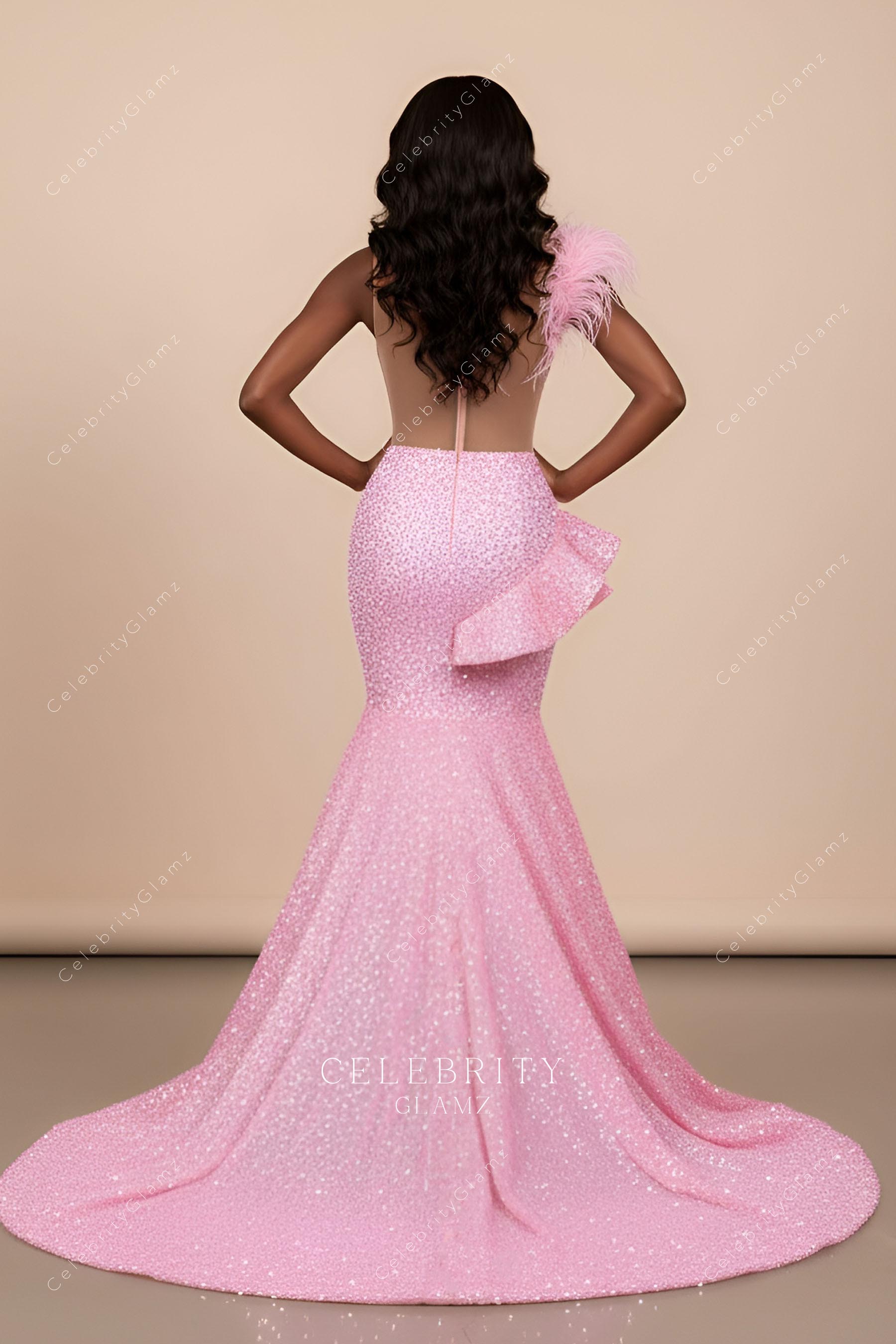 pink glitter illusion back trumpet prom dress
