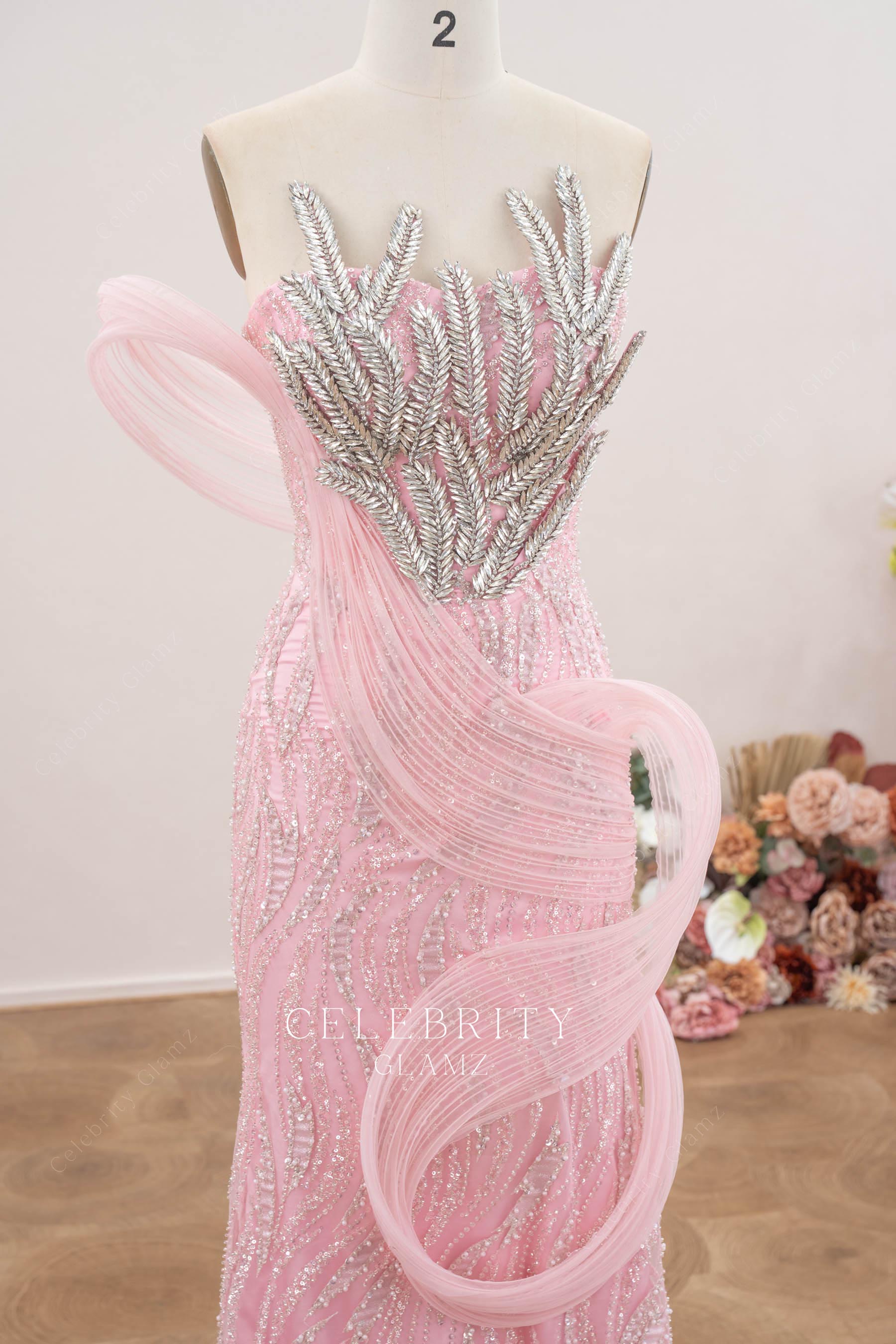 pink glitter sweetheart prom dress