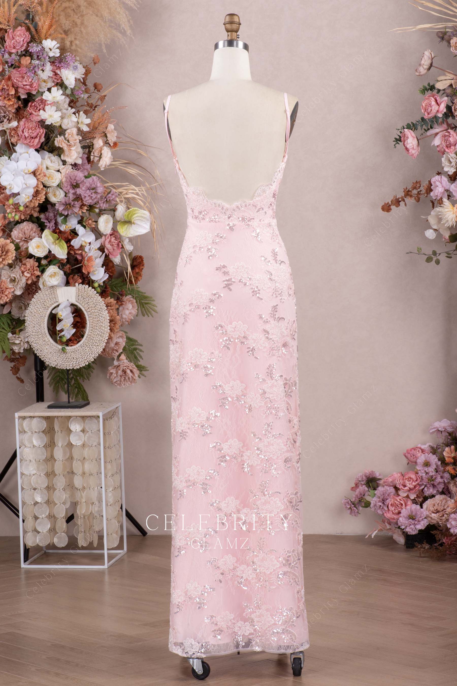 pink lace appliques column prom dress