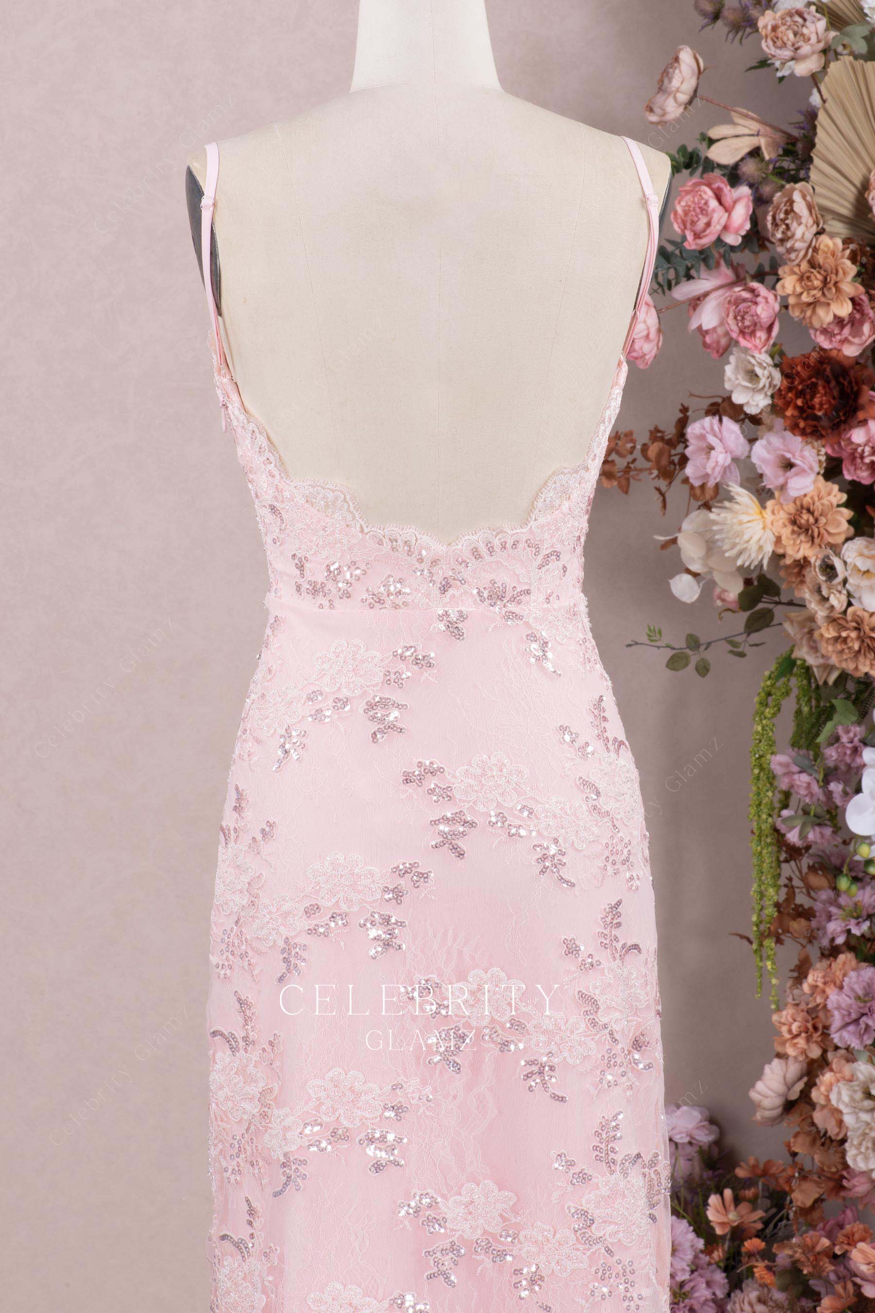 pink lace appliques open back prom dress