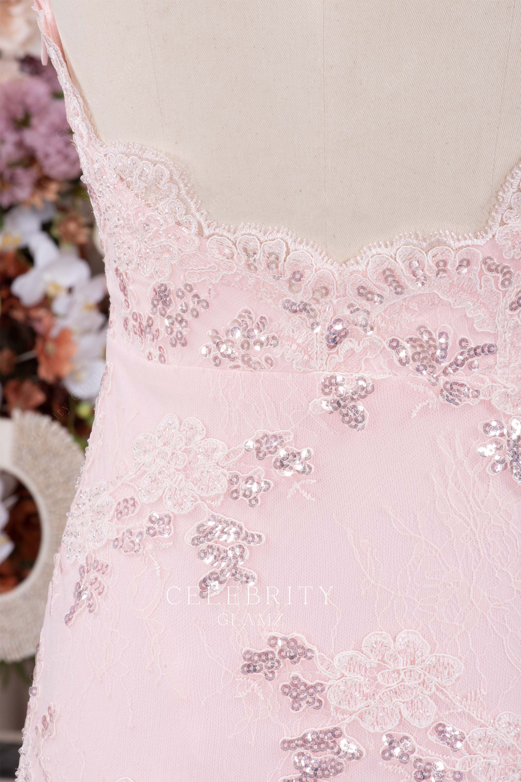 pink lace sequin prom dress