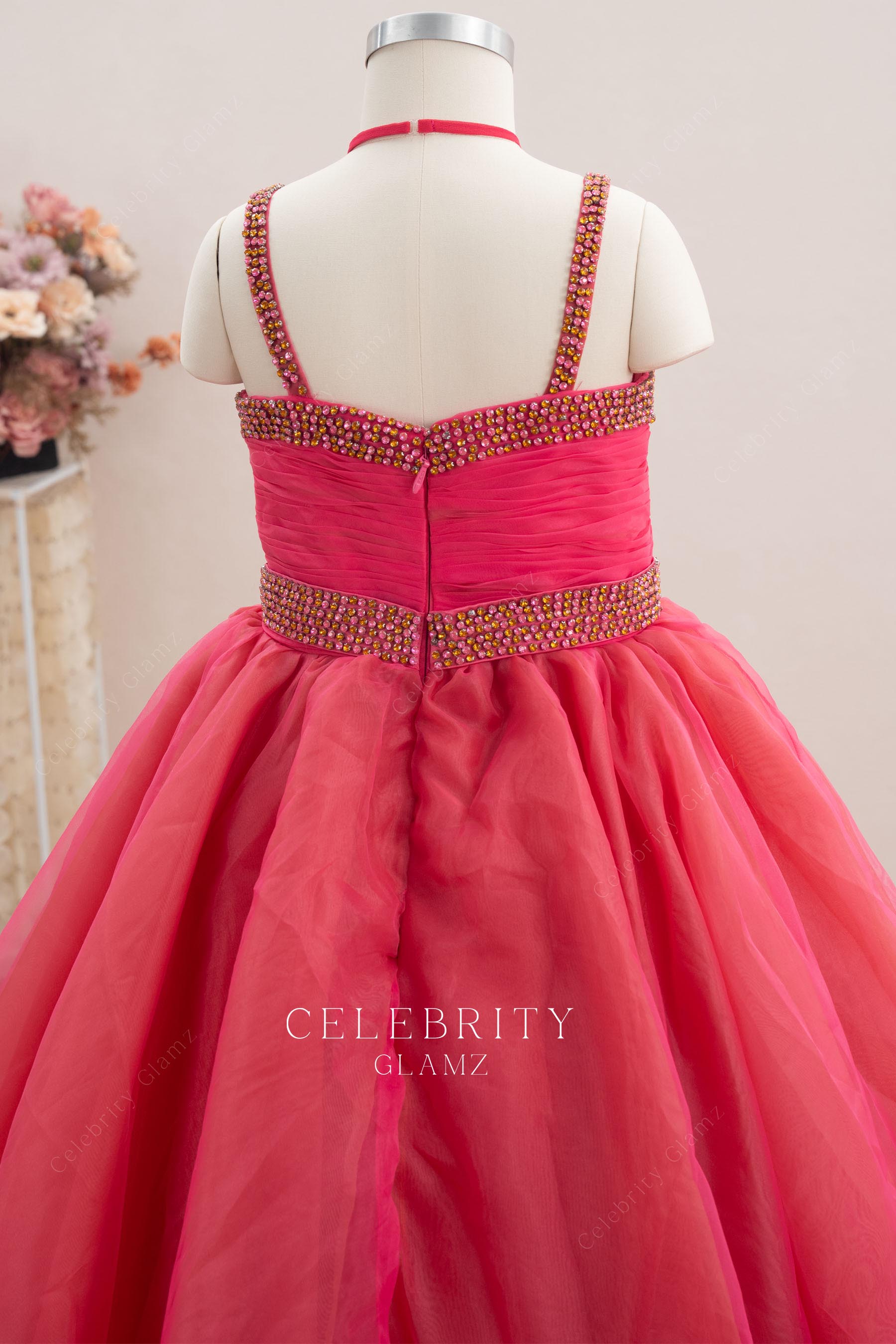 pink open back a line pageant gown