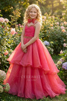 pink punch organza layered pageant gown