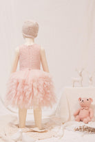 pink ruffled knee length kids formal dress