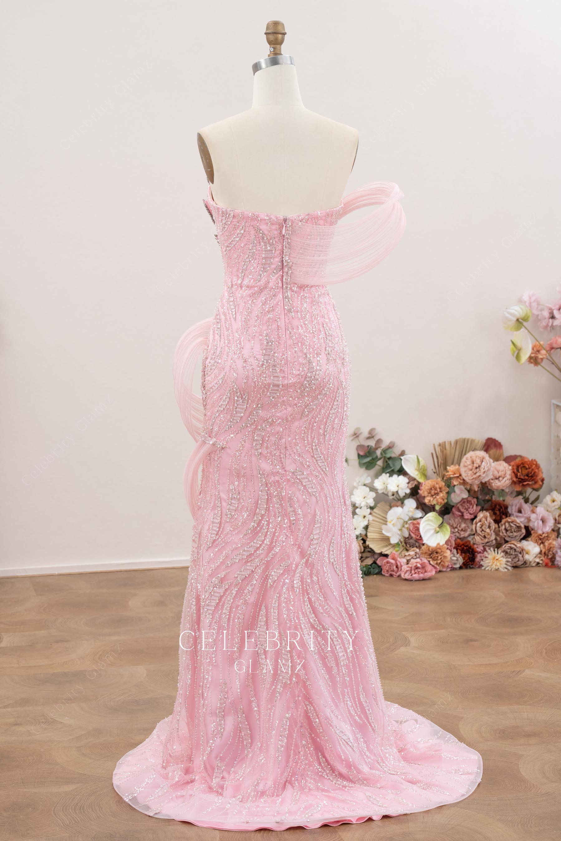 pink sequin strapless fit flare prom dress