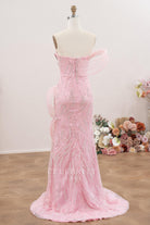 pink sequin strapless fit flare prom dress