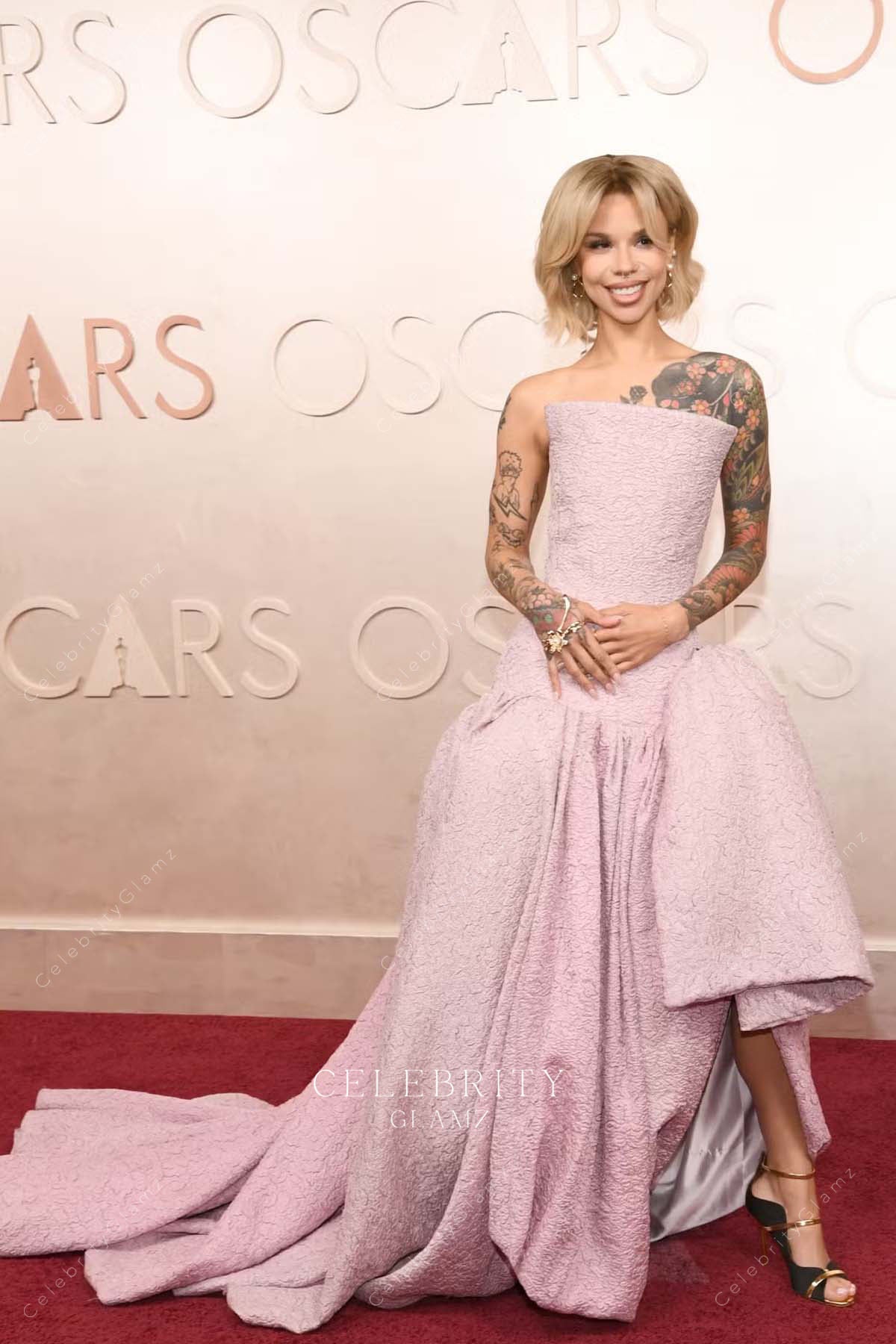 pink Snitchery asymmetric 2025 Oscars red carpet dress