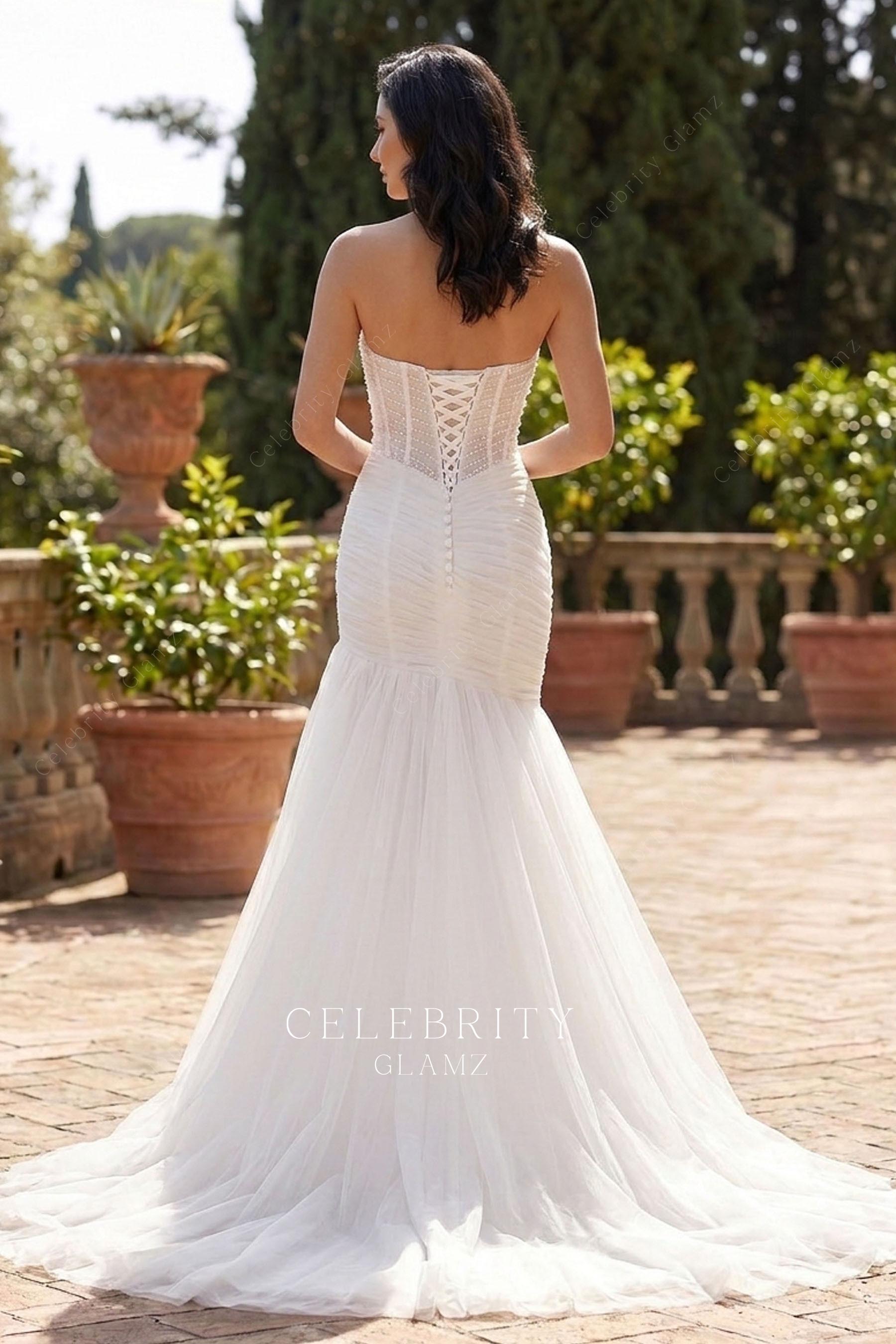 pleated pearl trumpet wedding dress