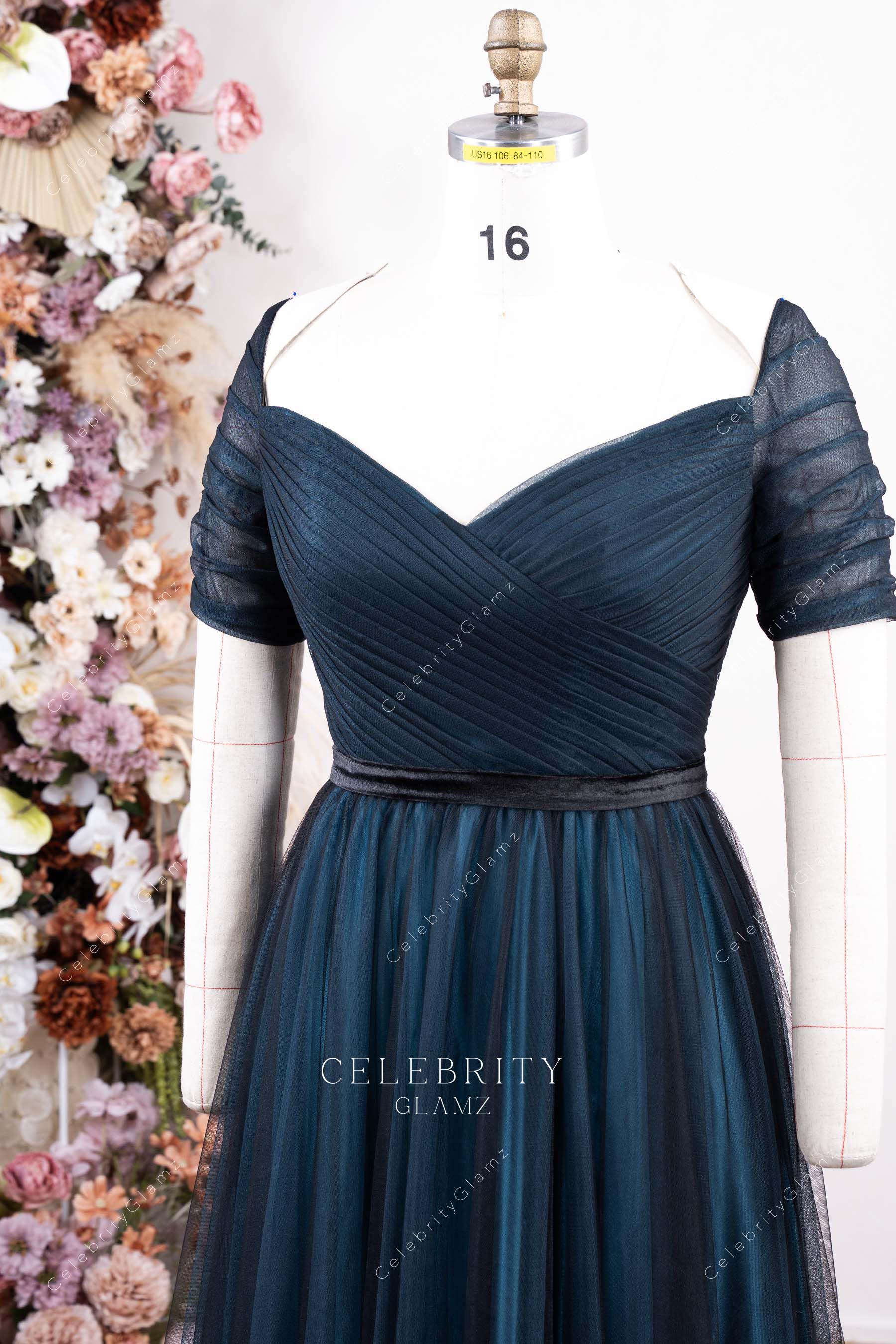 pleated tulle v neck mother of bride dress