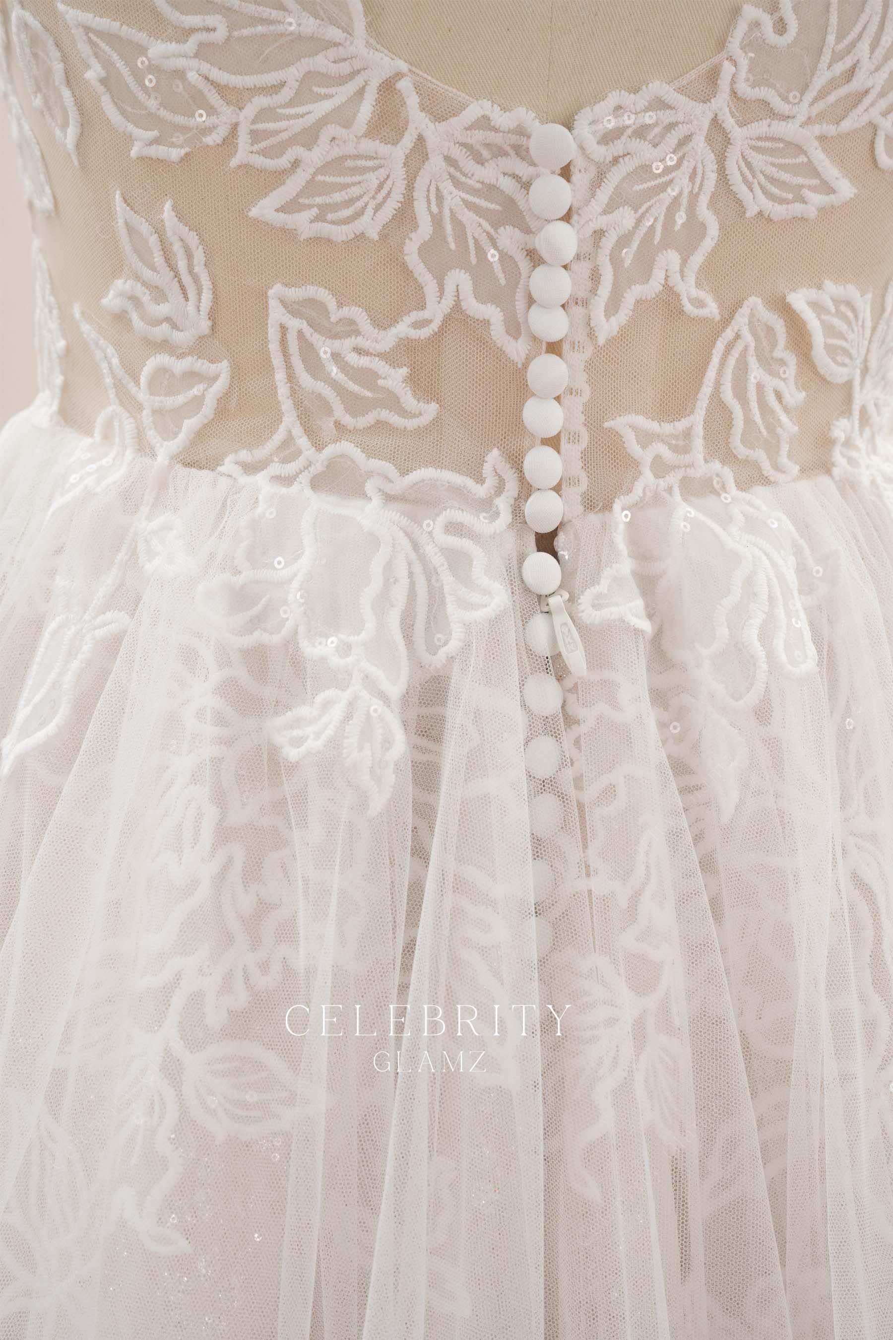 plump scalloped lace buttoned back wedding dress