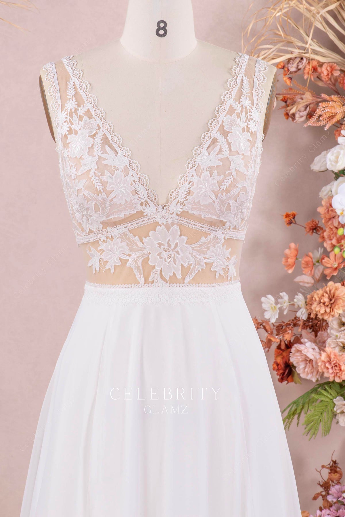 plunging neck lace wedding dress