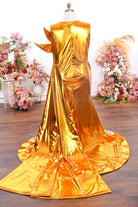 plus size gold panel train prom dress