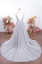 plus size gray chapel train formal dress