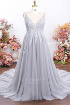 plus size gray lace formal dress