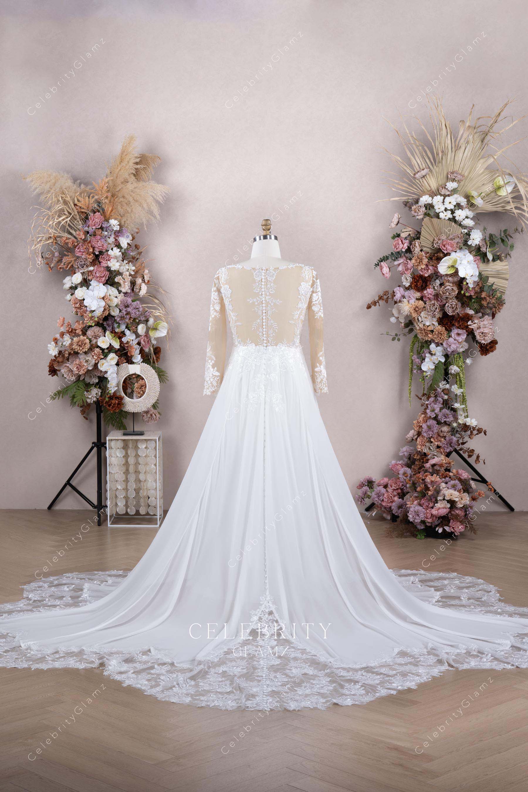 plus size lace chapel train wedding dress