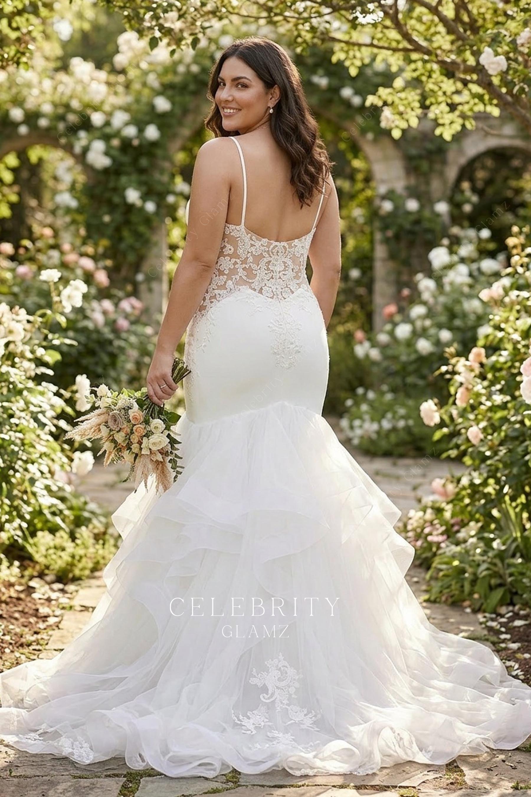 plus size lac e open back bridal dress