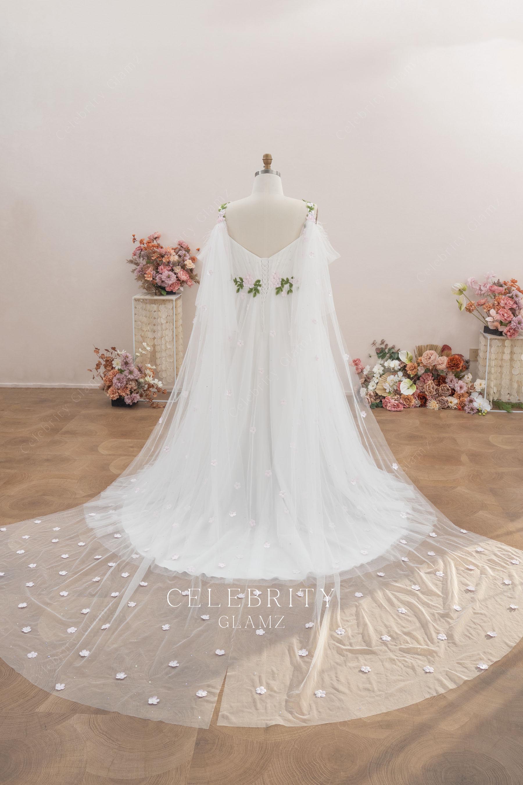 plus size long shoulder veil wedding dress