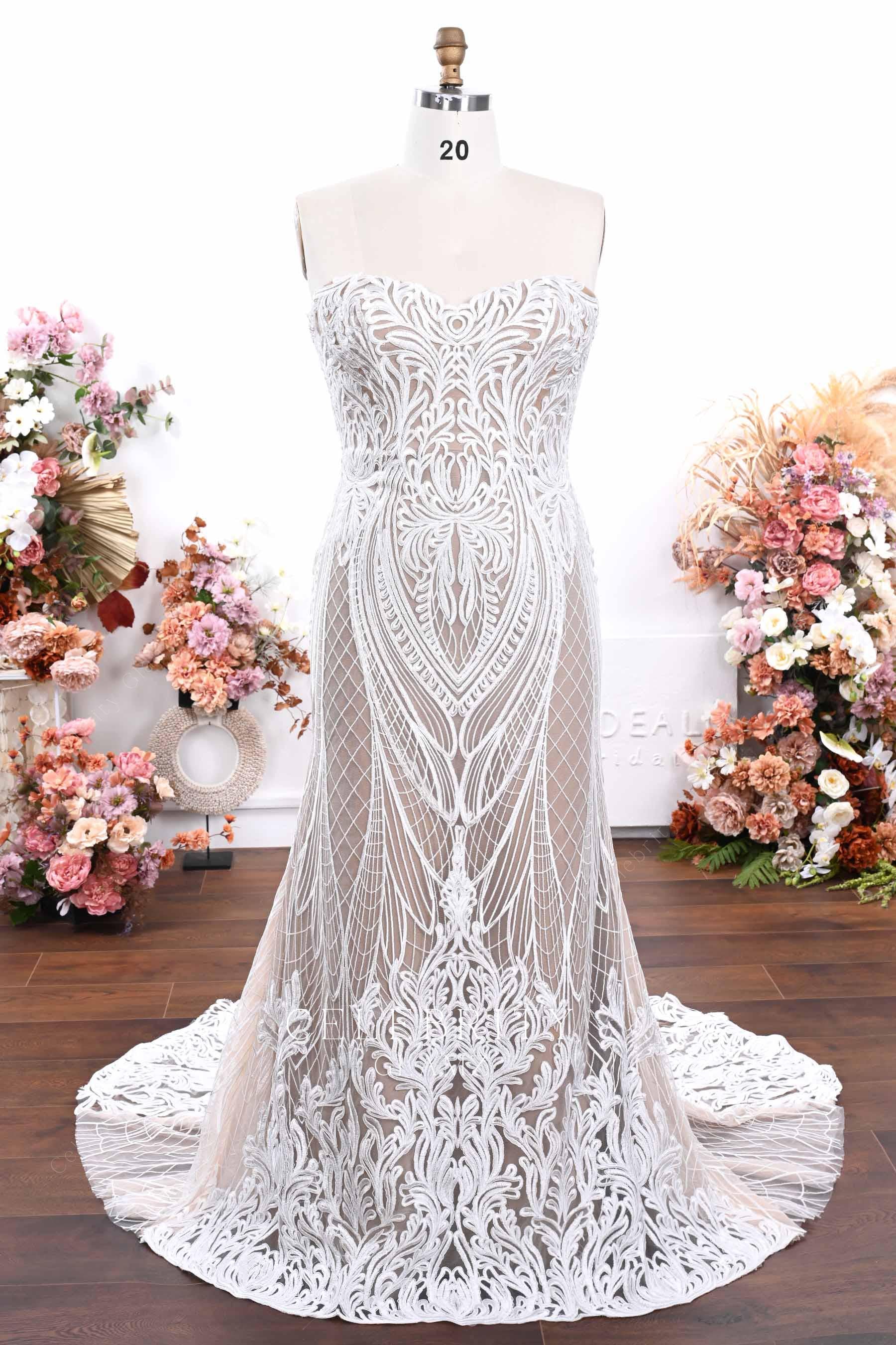 plus size nude beige lace wedding dress