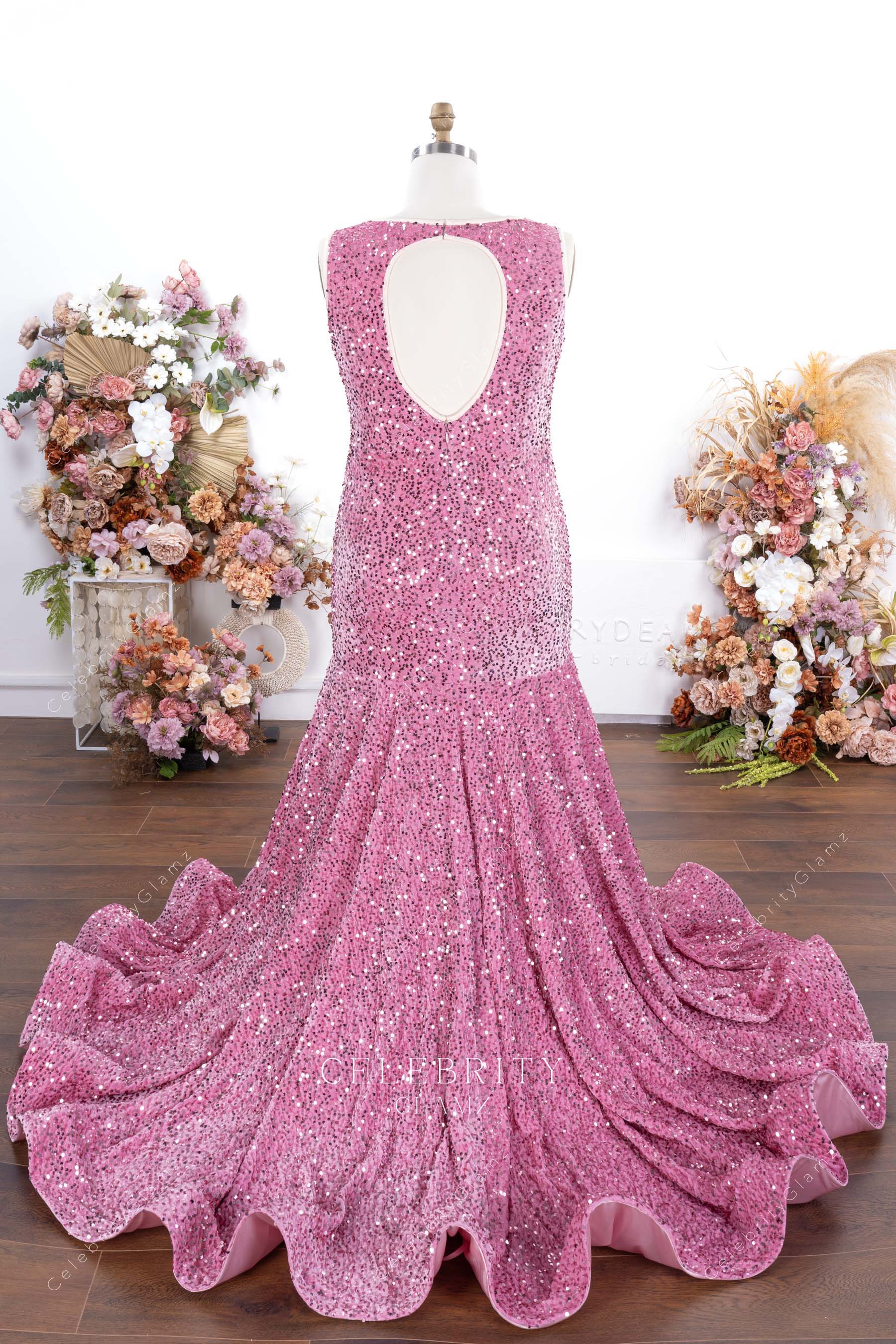 plus size pink sequin chapel train prom dress