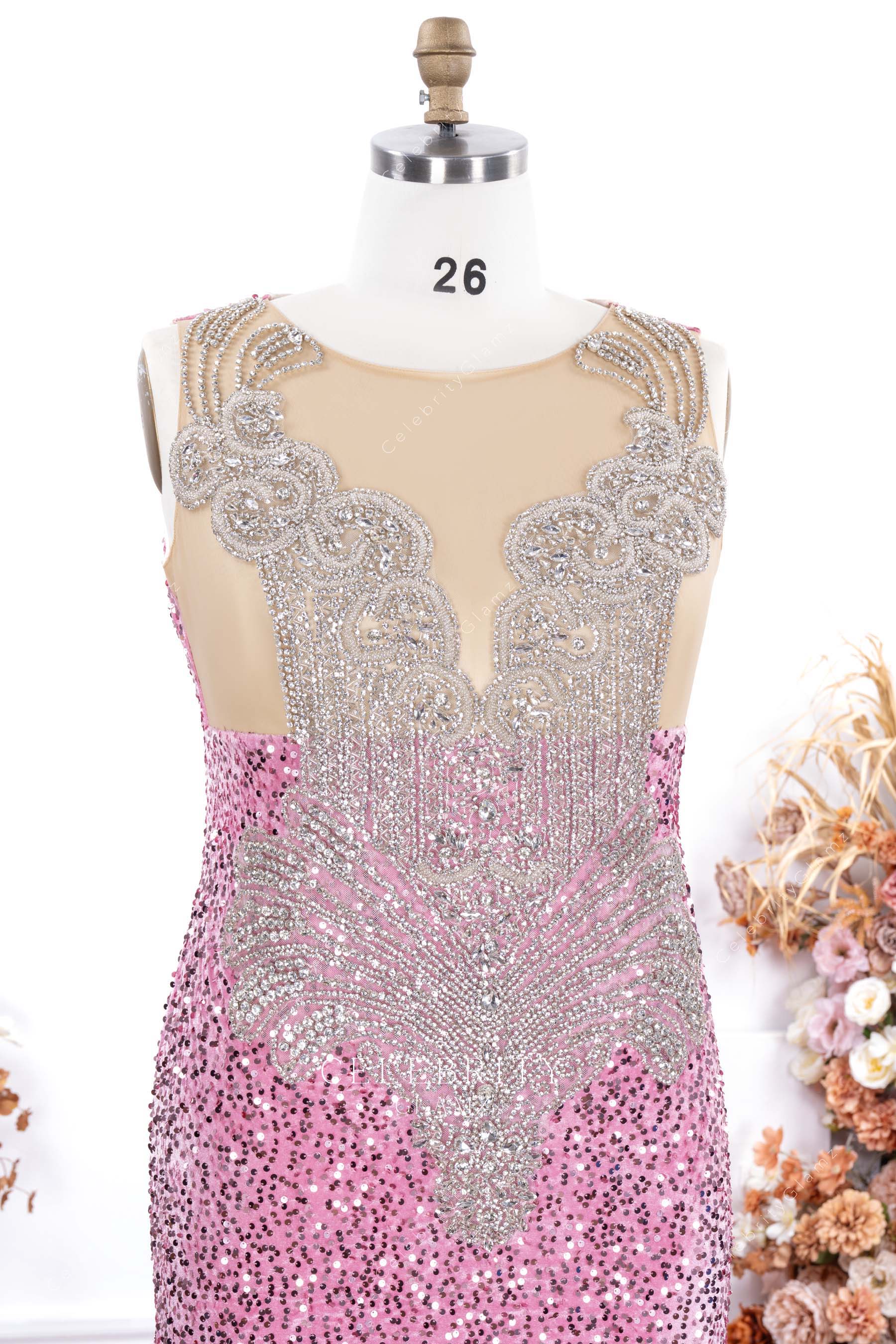 plus size pink sequin illusion neck prom dress