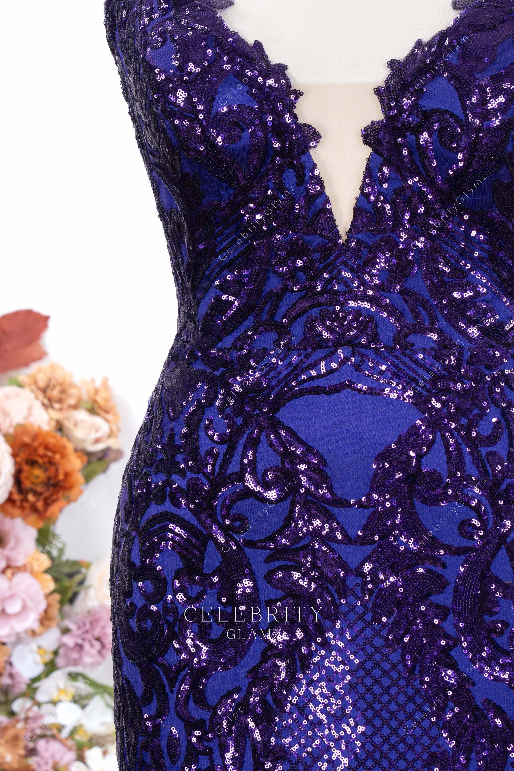 plus size plunging neck trumpet prom dress