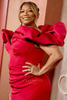 plus size Queen Latifah red off shoulder 2025 Oscars red carpet dress