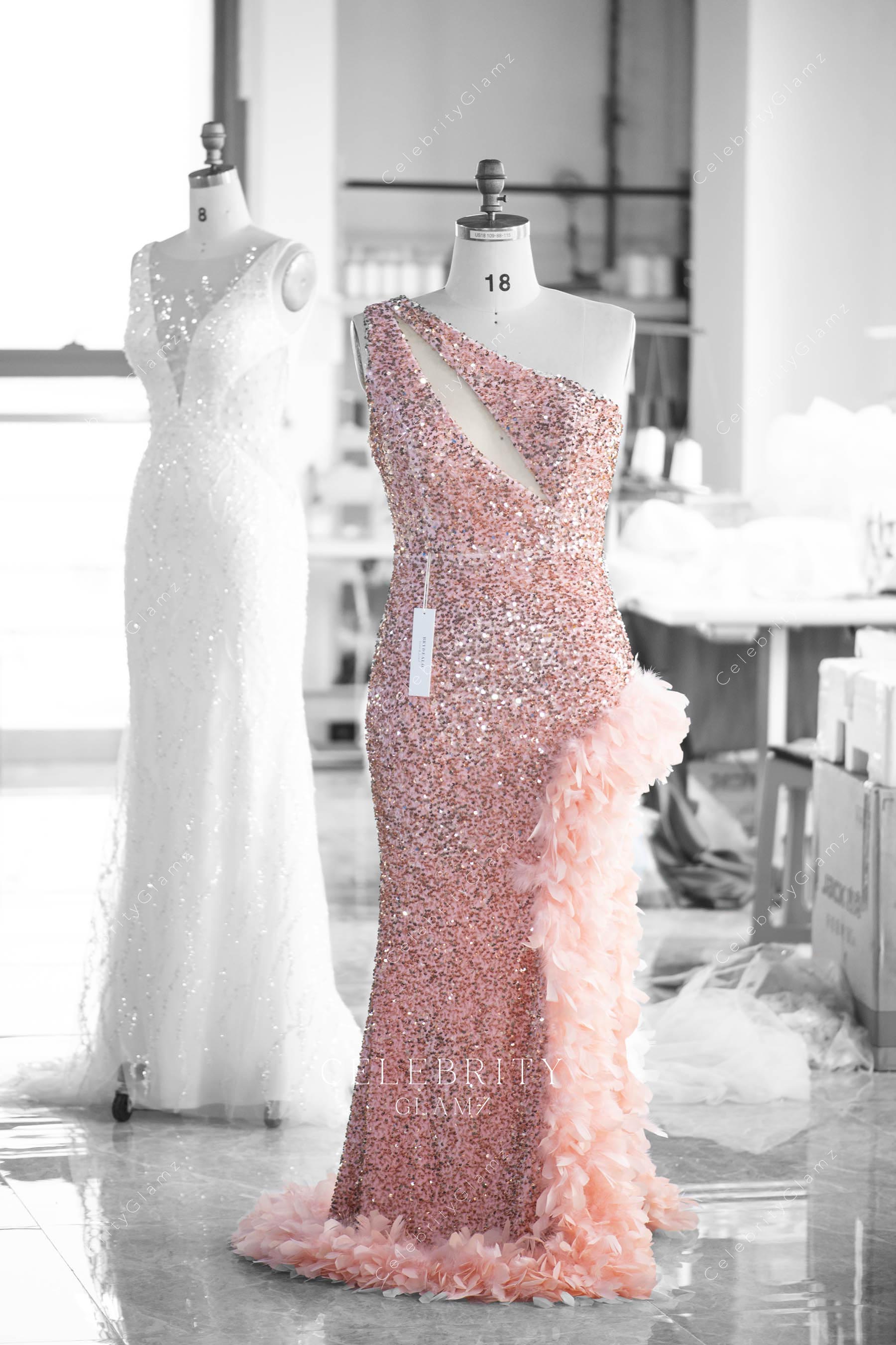 plus size rose gold glitter prom dress