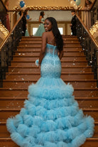 pool tiered ruffles train prom dress