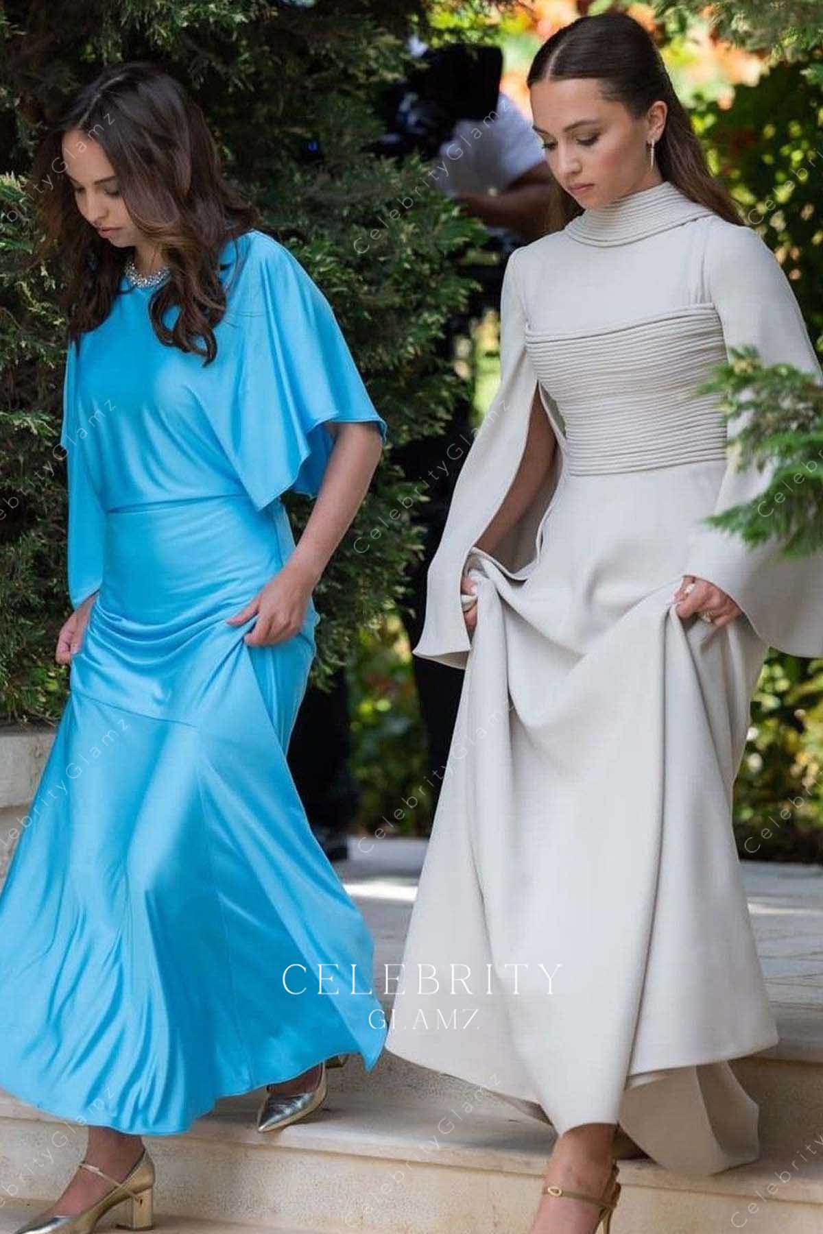 Princess Iman taupe high neck 2023 prince al Hussein royal wedding guest dress