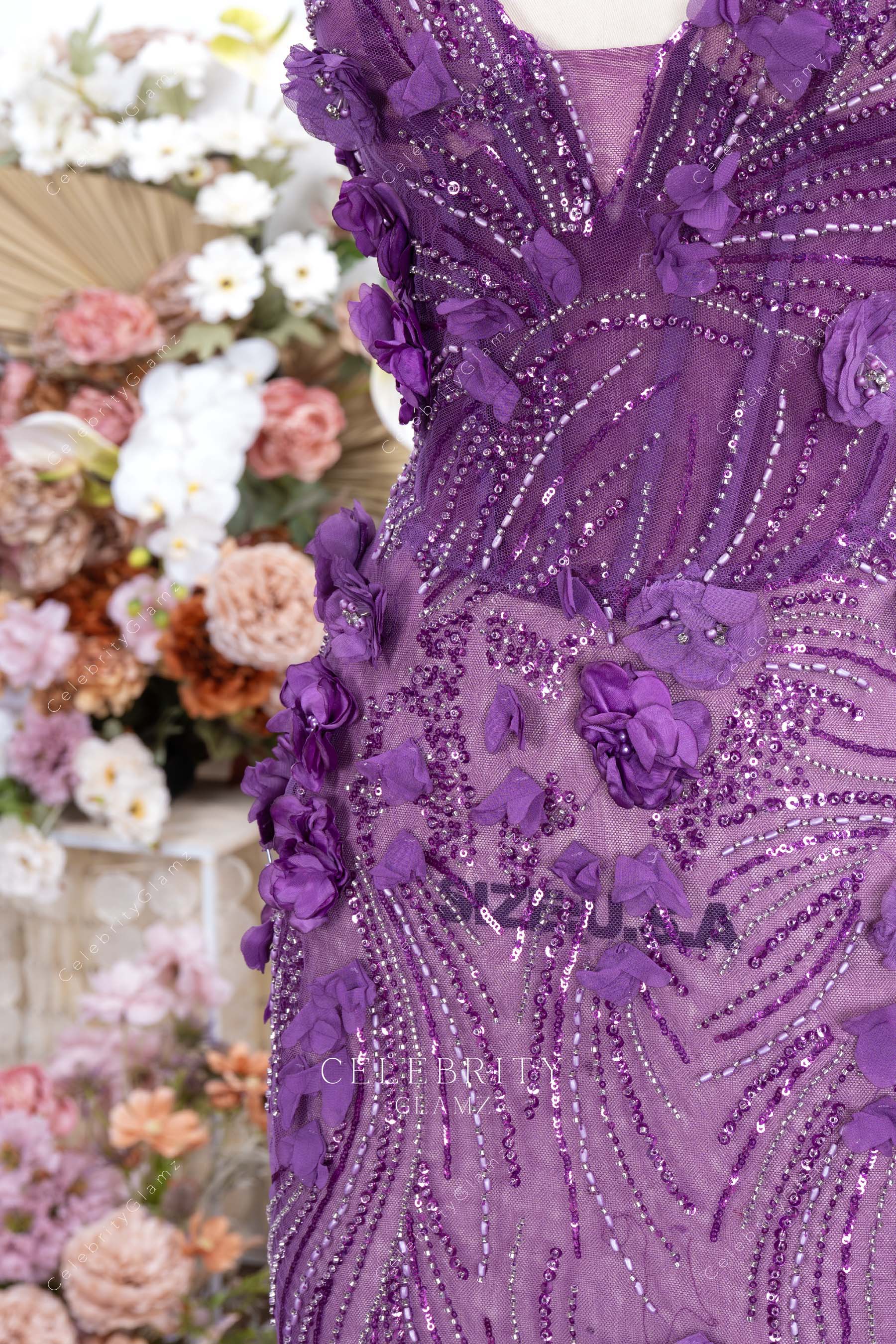 purple 3d floral lace mermaid prom dress
