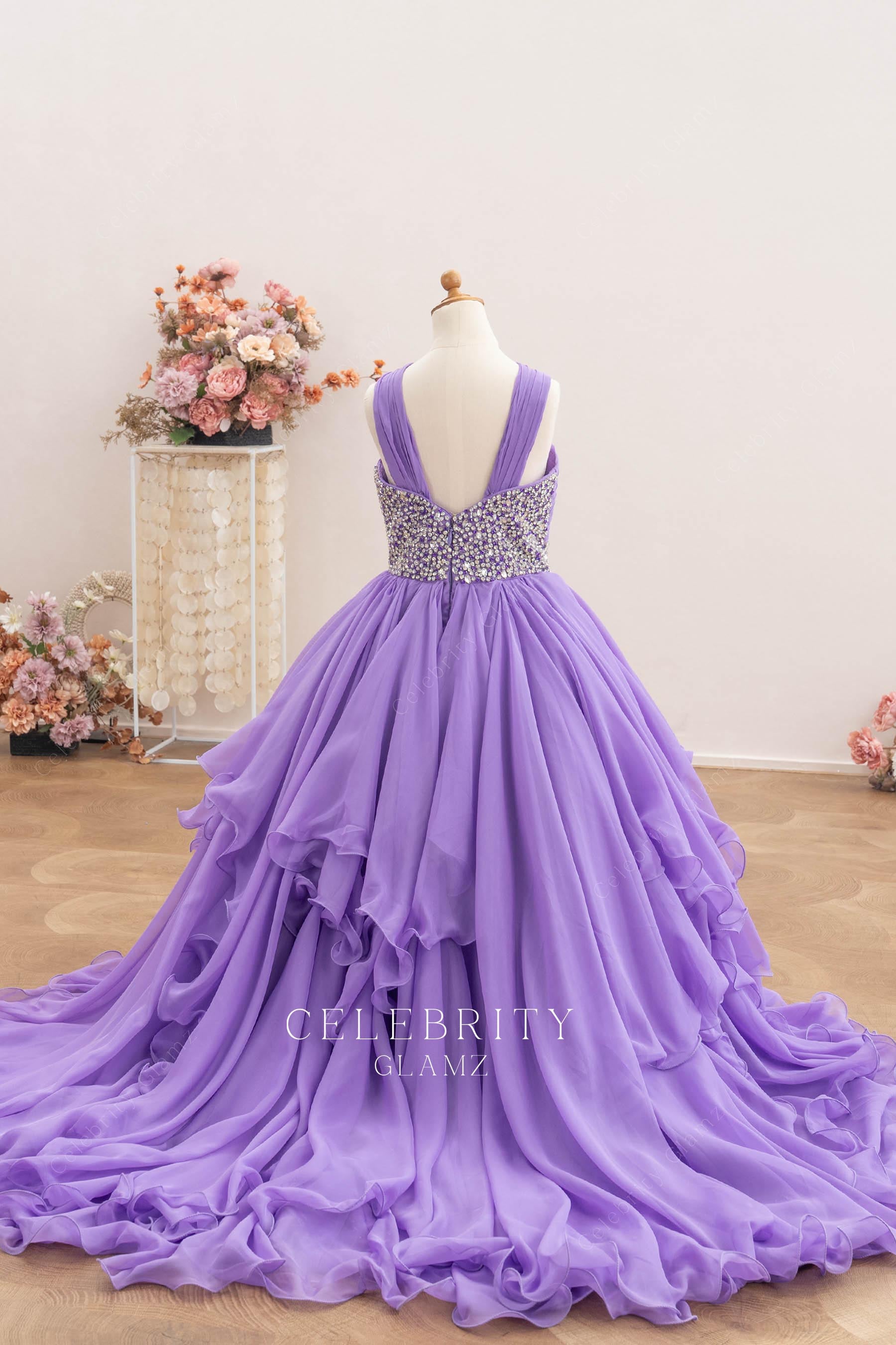 purple chiffon a line court train kids pageant dress