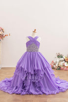 purple chiffon a line kids pageant dress