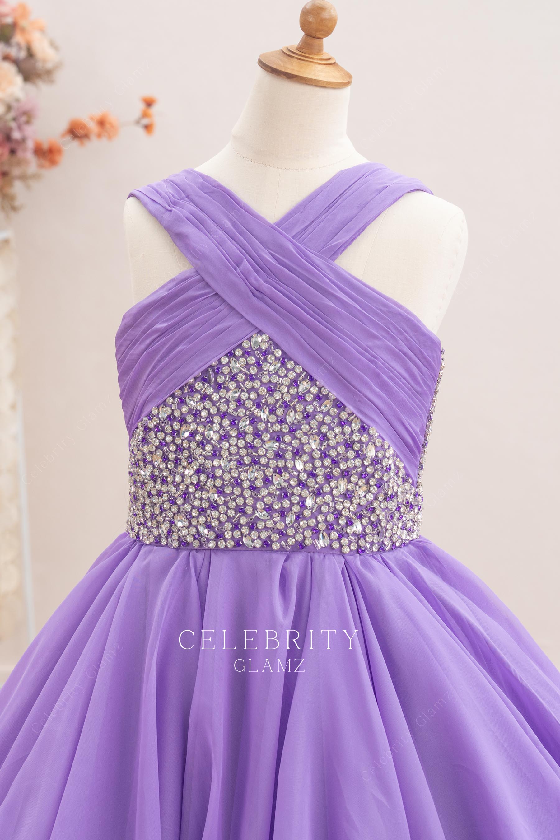 purple chiffon crisscross v neck kids pageant dress