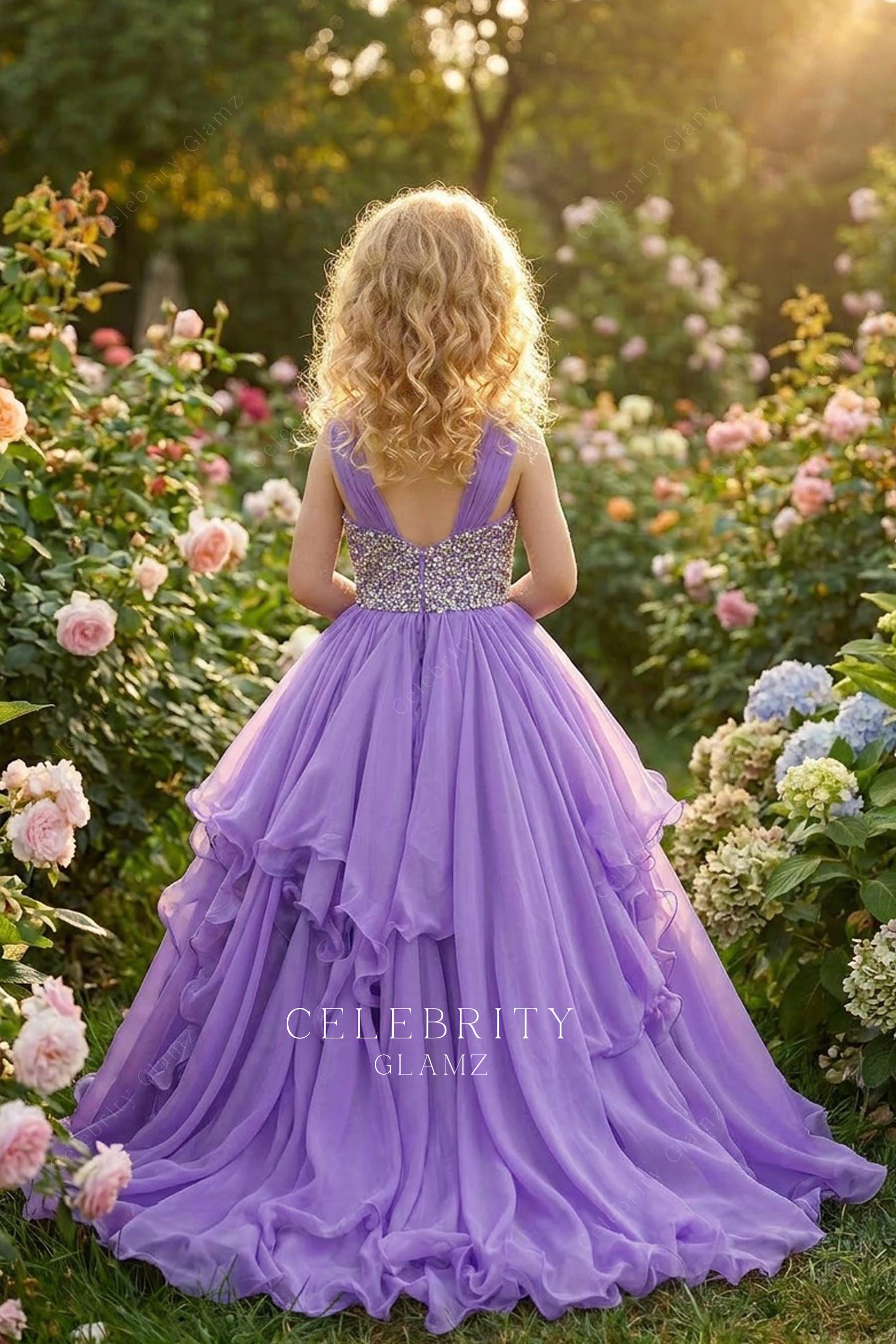purple chiffon layered a line kids pageant dress