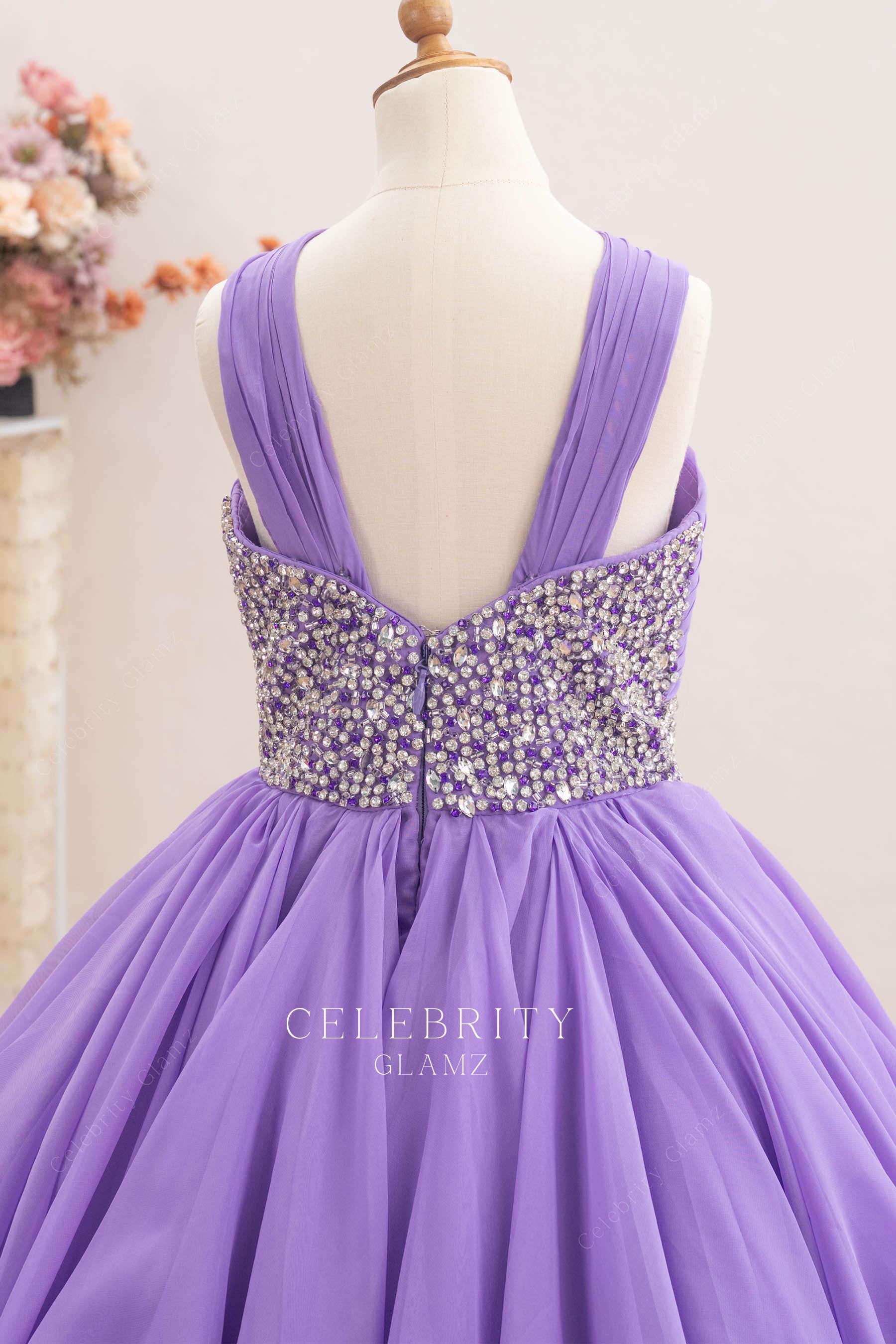 purple chiffon wide straps kids pageant dress
