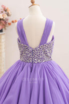 purple chiffon wide straps kids pageant dress