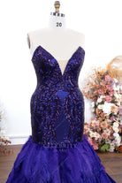 purple plunging neck trumpet prom dress