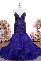 purple sequin feathered trumpet prom dress