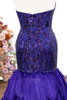 purple sequin strapless open back prom dress