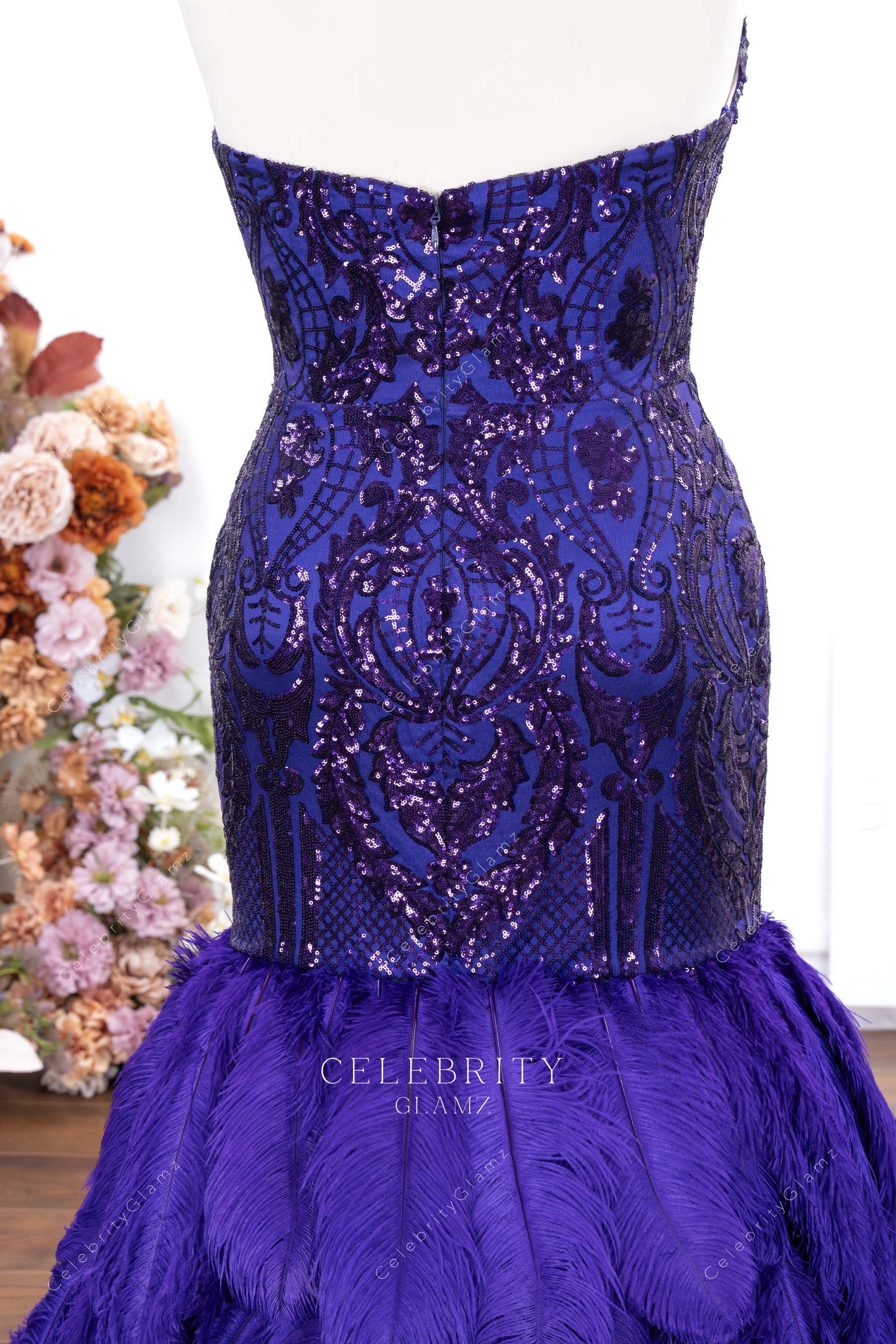 purple sequin strapless open back prom dress