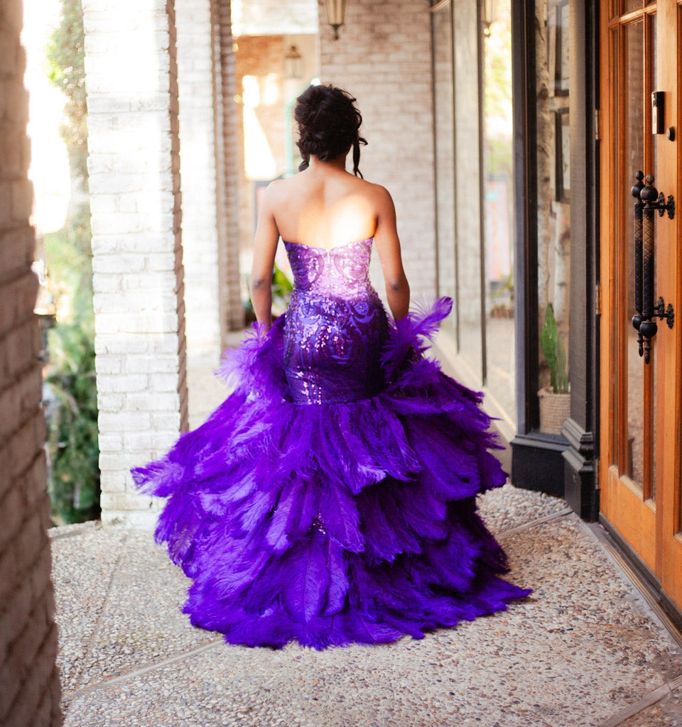 purple sparkly feather dress review