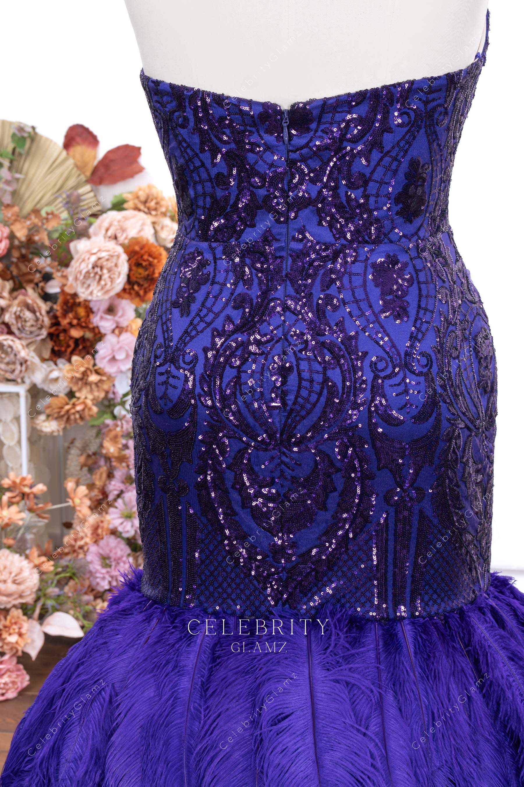 purple strapless backless prom dress