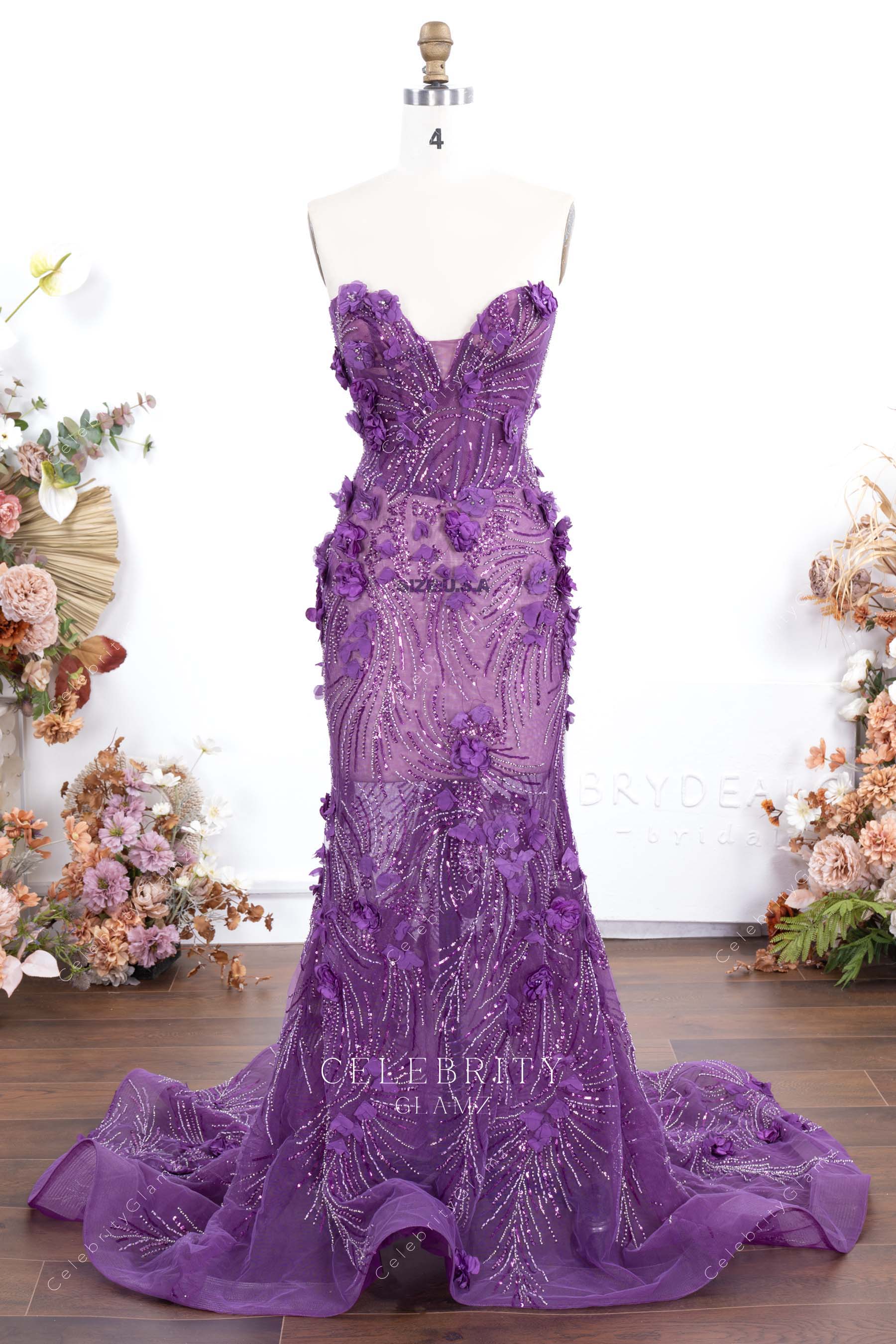 purple strapless mermaid prom dress