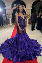 purple strapless trumpet prom dress