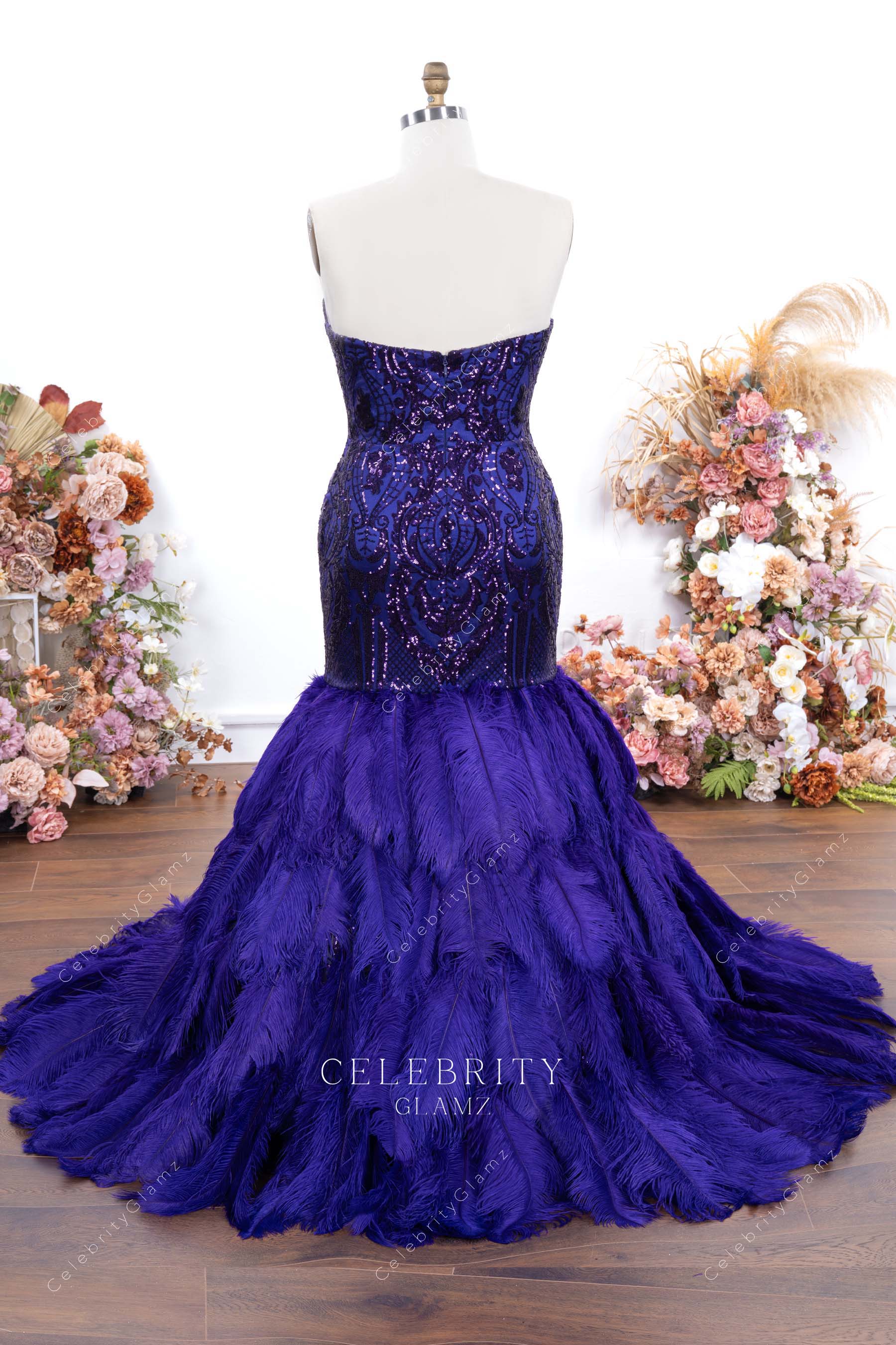 purple trumpet court train prom dress