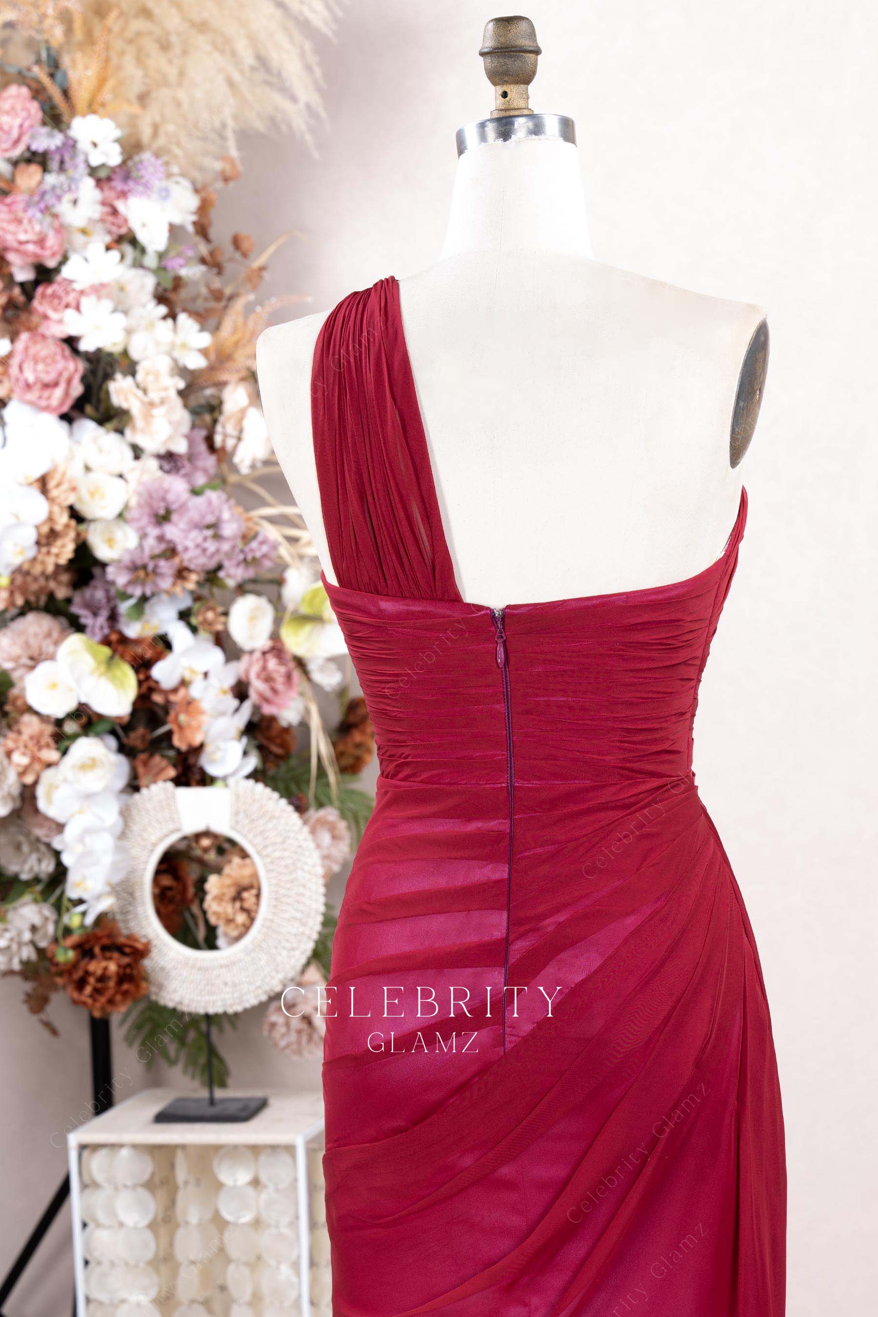 raspberry pleated formal dress
