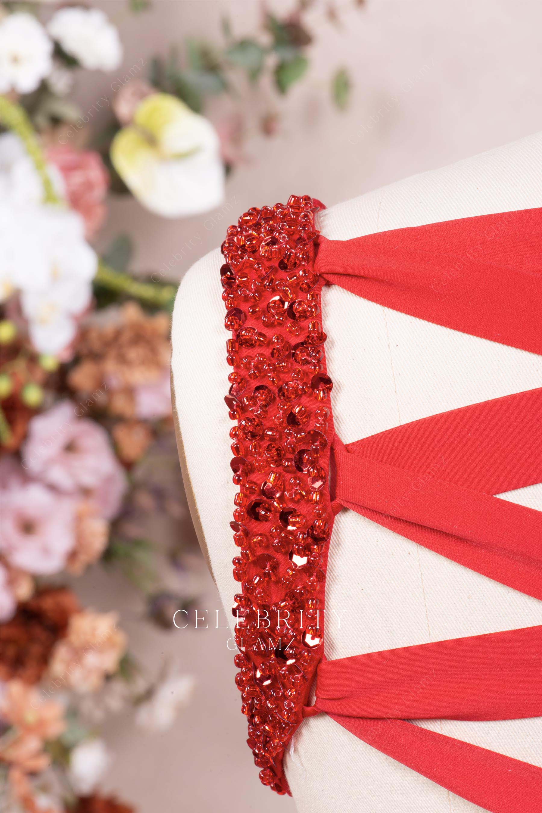 red beaded straps formal dress