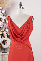 red cowl back formal dress